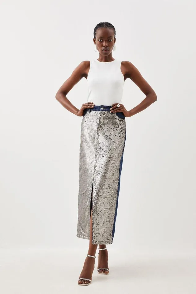 Denim and Sequin Maxi Skirt Women Karen Millen Skirts