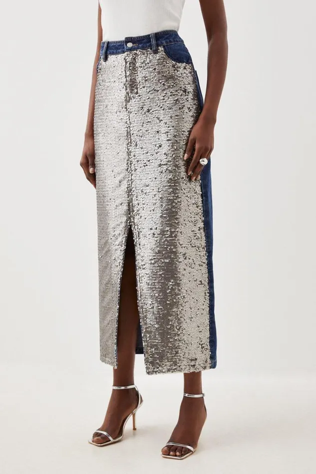 Denim and Sequin Maxi Skirt Women Karen Millen Skirts