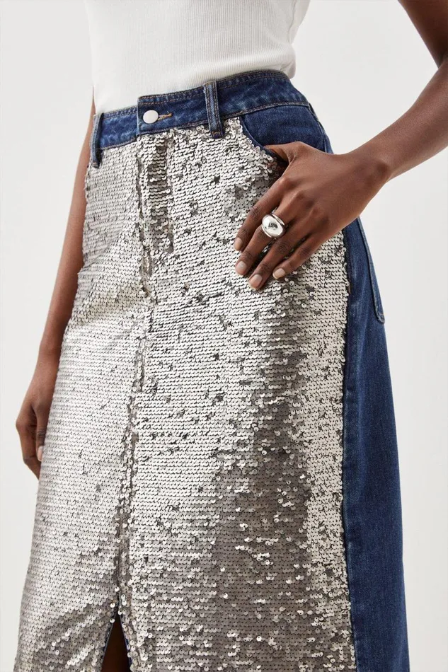 Denim and Sequin Maxi Skirt Women Karen Millen Skirts