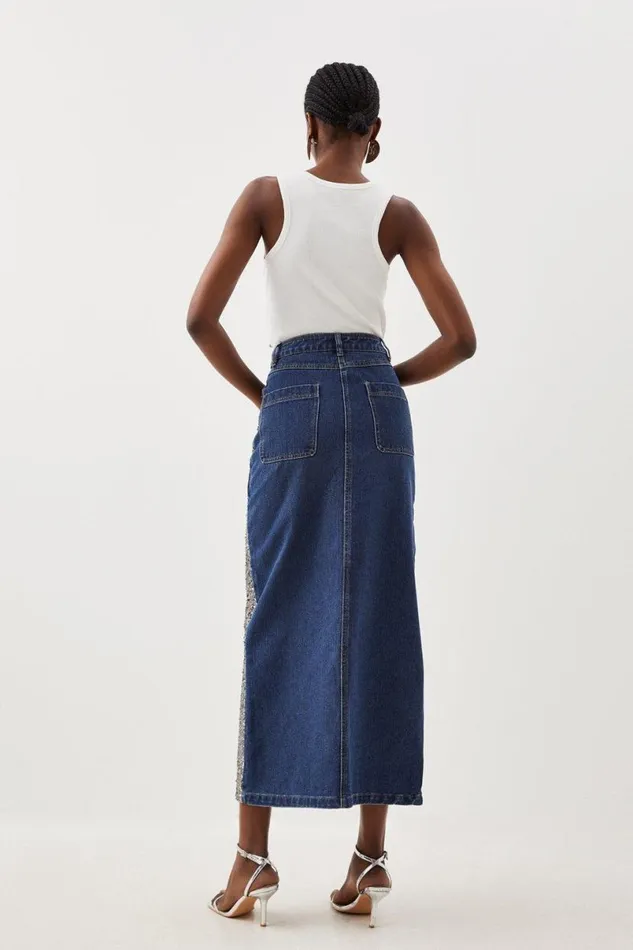 Denim and Sequin Maxi Skirt Women Karen Millen Skirts