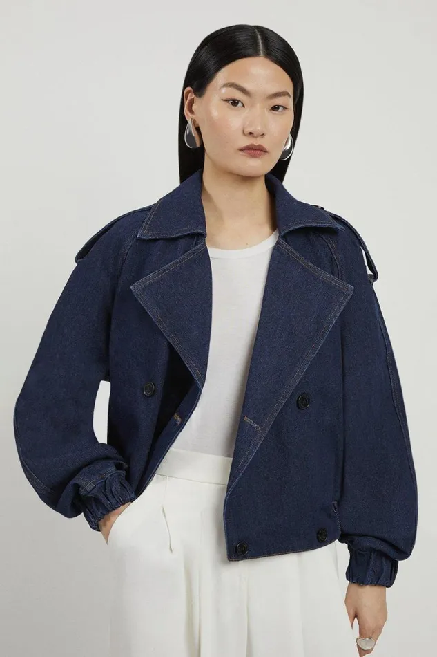 Denim Crop Bomber Jacket Indigo Women Karen Millen Coats and Jackets