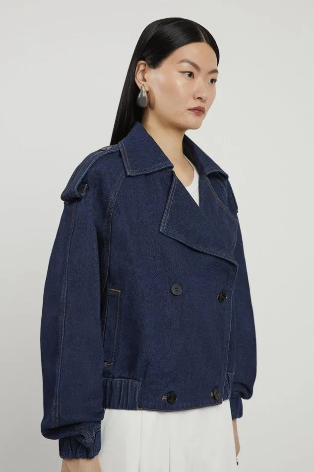 Denim Crop Bomber Jacket Indigo Women Karen Millen Coats and Jackets