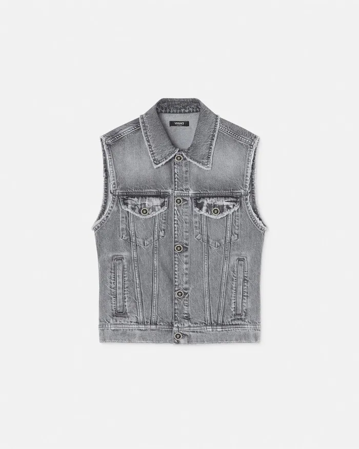 Denim Men Versace Frayed Denim Vest Gray