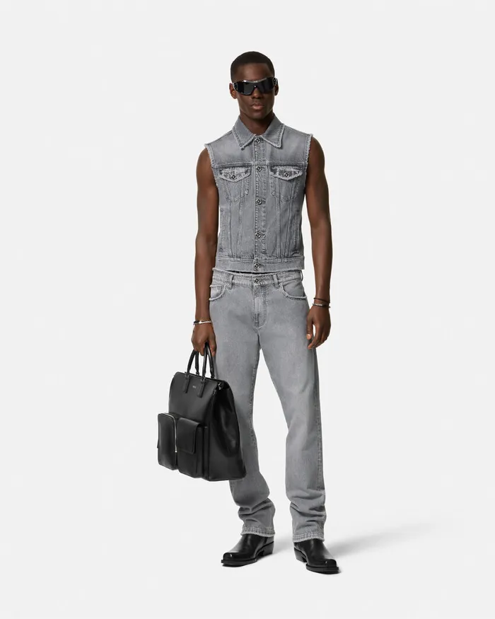 Denim Men Versace Frayed Denim Vest Gray