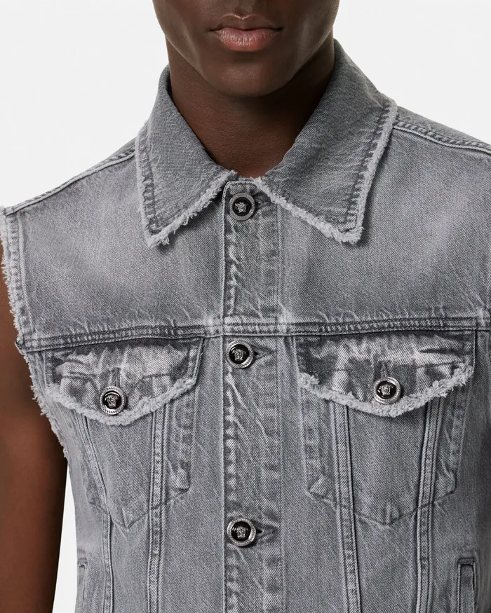 Denim Men Versace Frayed Denim Vest Gray