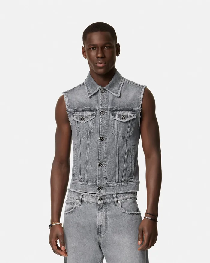 Denim Men Versace Frayed Denim Vest Gray