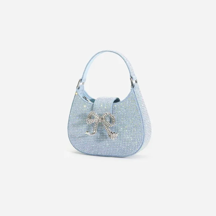Denim Women Self Portrait Blue Rhinestone Denim Cresent Bag