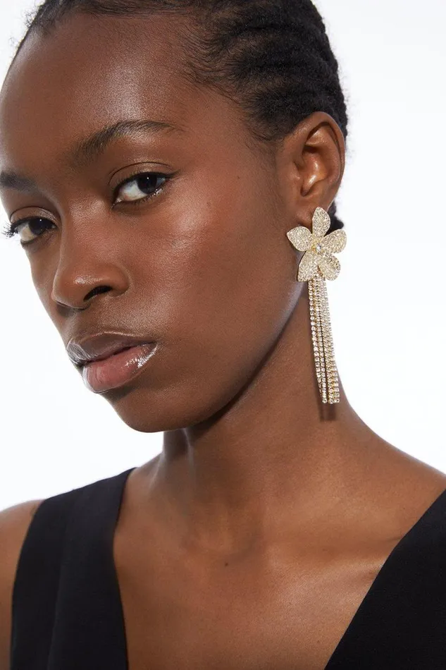 Diamante Flower Drop Earring Gold Women Karen Millen Jewellery
