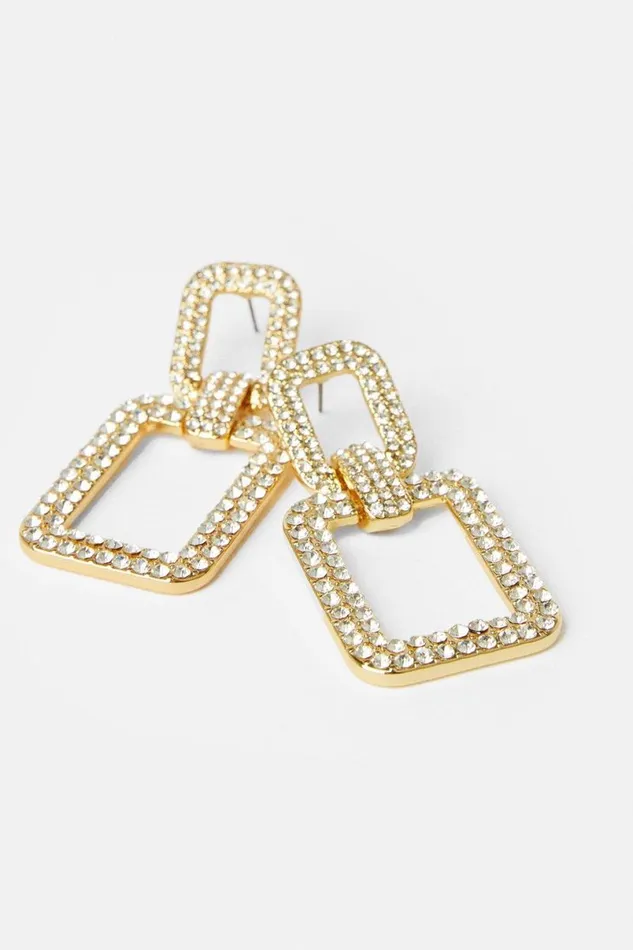 Diamante Statement Square Drop Earrings Gold Women Karen Millen Jewellery