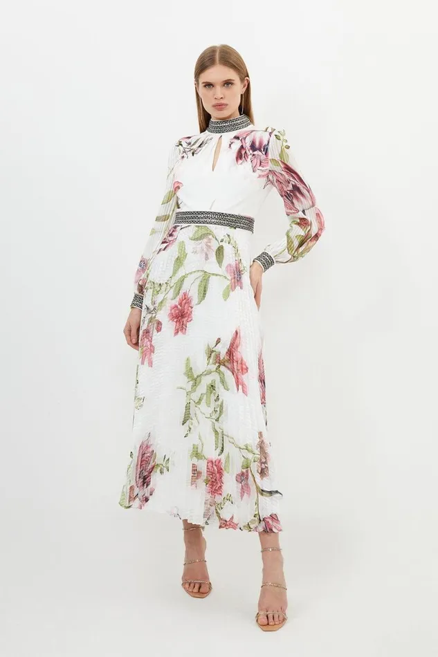 Diamante Trim Delicate Floral Woven Maxi Dress Floral Women Karen Millen Dresses