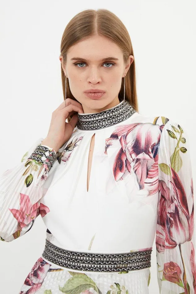 Diamante Trim Delicate Floral Woven Maxi Dress Floral Women Karen Millen Dresses