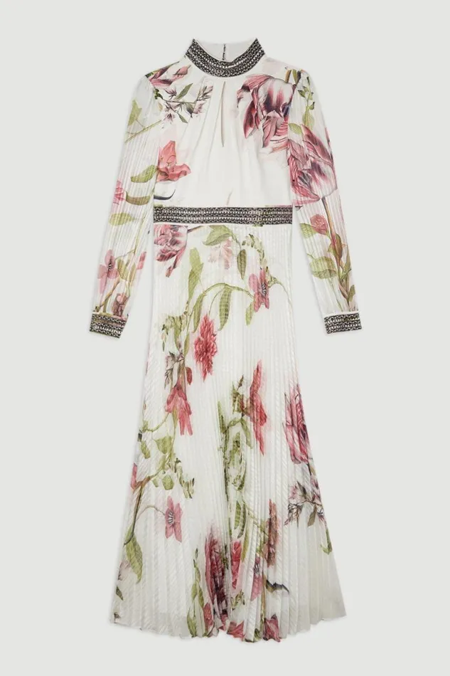 Diamante Trim Delicate Floral Woven Maxi Dress Floral Women Karen Millen Dresses