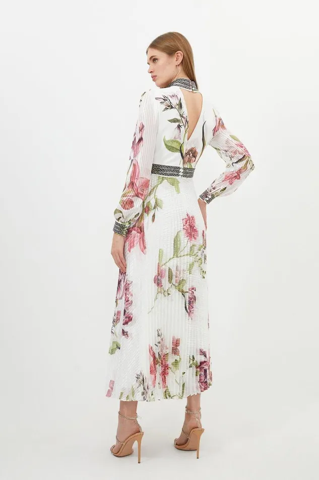 Diamante Trim Delicate Floral Woven Maxi Dress Floral Women Karen Millen Dresses