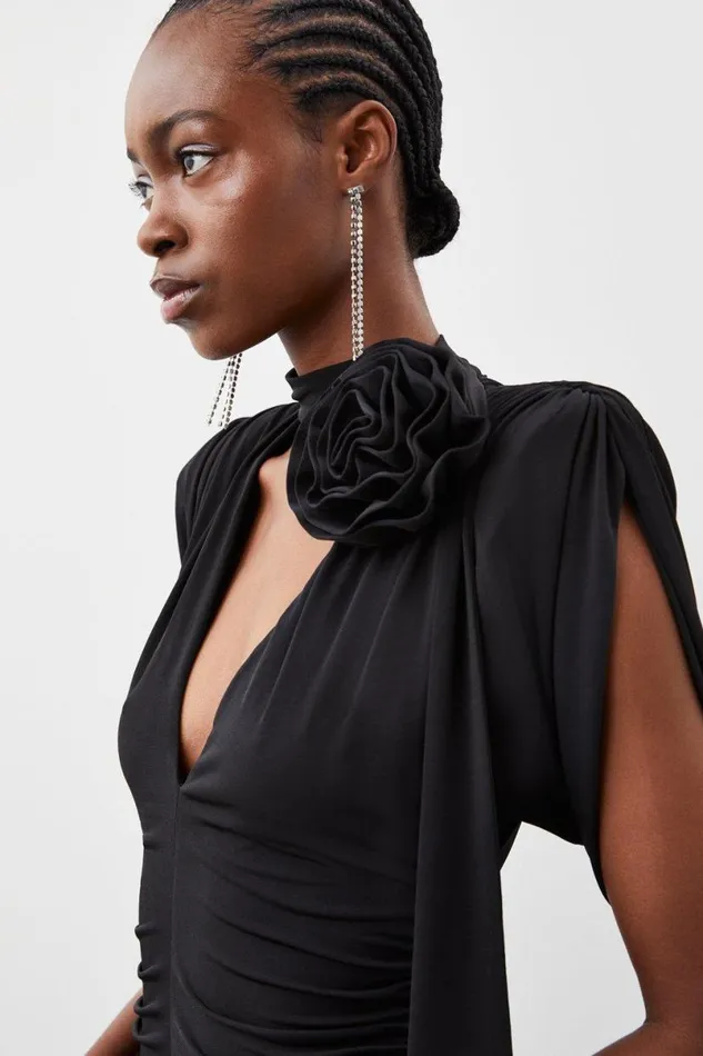 Drapey Jersey Rosette Mini Dress Black Women Karen Millen Dresses