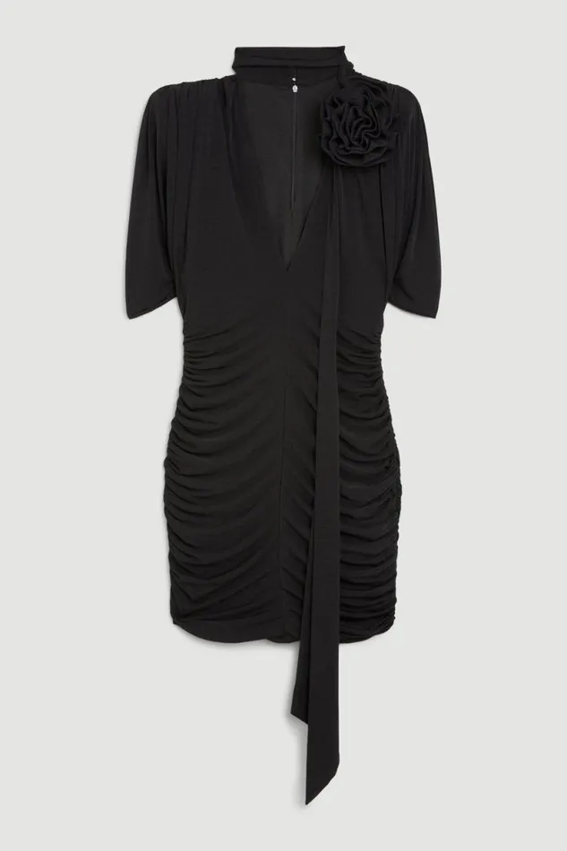 Drapey Jersey Rosette Mini Dress Black Women Karen Millen Dresses