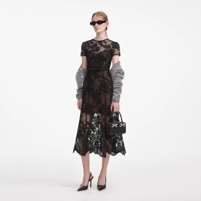 Dresses Women Self Portrait Black Lace Bustier Midi Dress