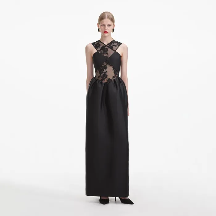 Dresses Women Self Portrait Black Lace Taffeta Maxi Dress