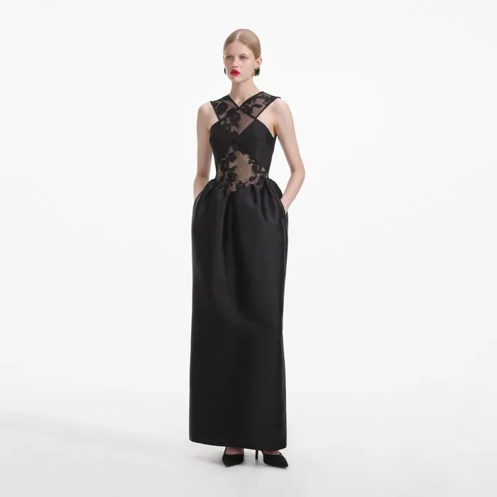 Dresses Women Self Portrait Black Lace Taffeta Maxi Dress
