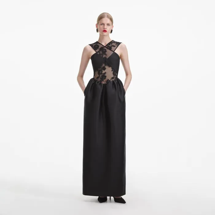 Dresses Women Self Portrait Black Lace Taffeta Maxi Dress