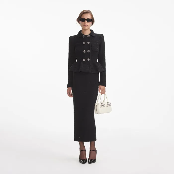 Dresses Women Self Portrait Black Textured Knit Peplum Midi Dress