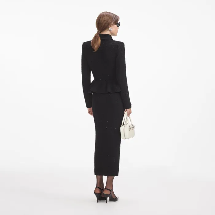 Dresses Women Self Portrait Black Textured Knit Peplum Midi Dress