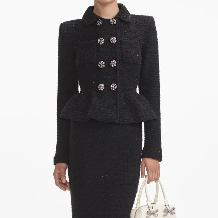 Dresses Women Self Portrait Black Textured Knit Peplum Midi Dress