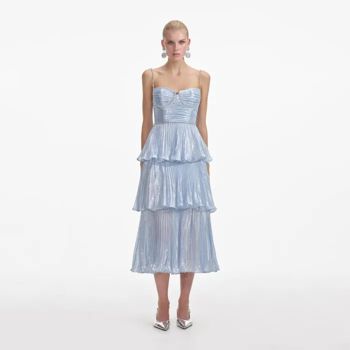 Dresses Women Self Portrait Blue Metallic Tiered Midi Dress