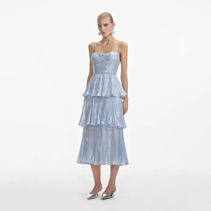 Dresses Women Self Portrait Blue Metallic Tiered Midi Dress