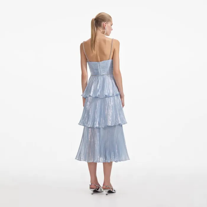 Dresses Women Self Portrait Blue Metallic Tiered Midi Dress