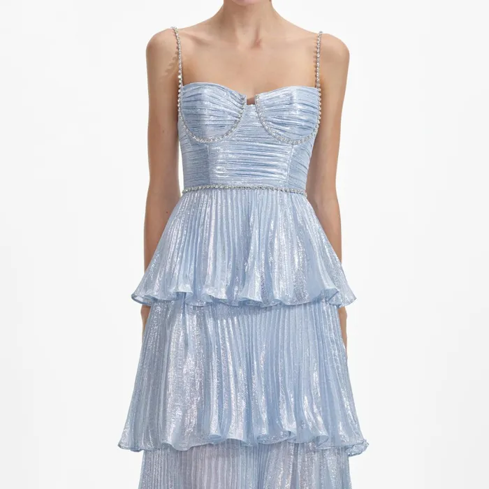 Dresses Women Self Portrait Blue Metallic Tiered Midi Dress