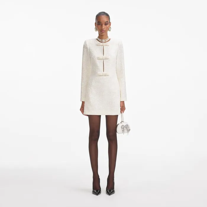 Dresses Women Self Portrait Cream Boucle Diamante Bow Mini Dress