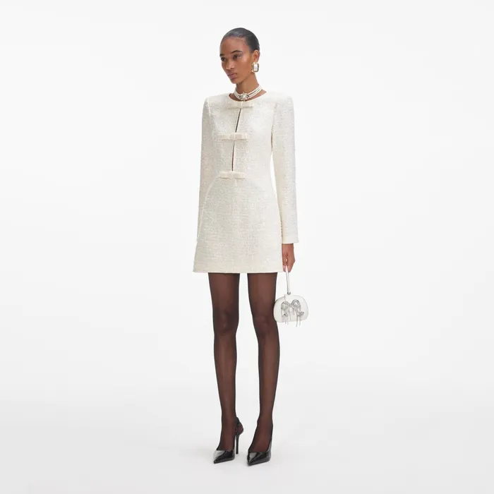 Dresses Women Self Portrait Cream Boucle Diamante Bow Mini Dress