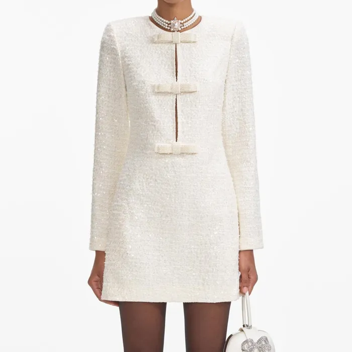 Dresses Women Self Portrait Cream Boucle Diamante Bow Mini Dress