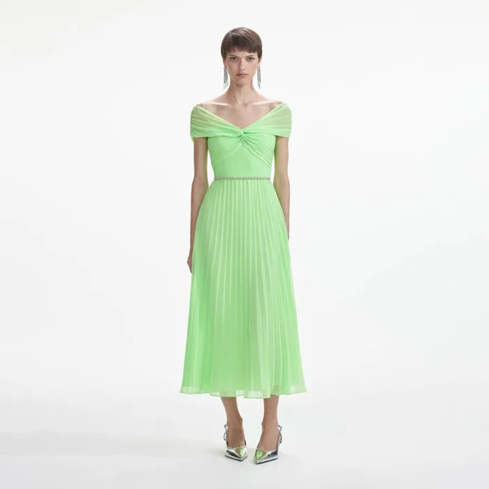 Dresses Women Self Portrait Green Off Shoulder Chiffon Midi Dress