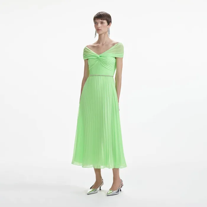Dresses Women Self Portrait Green Off Shoulder Chiffon Midi Dress
