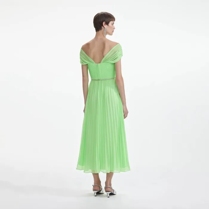 Dresses Women Self Portrait Green Off Shoulder Chiffon Midi Dress