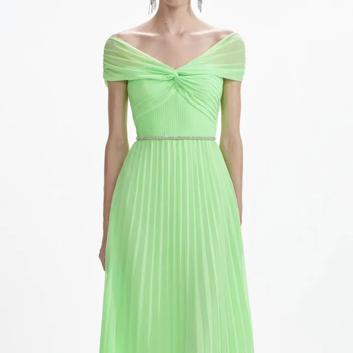 Dresses Women Self Portrait Green Off Shoulder Chiffon Midi Dress
