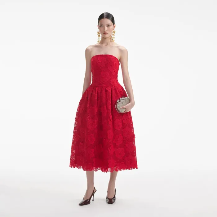 Dresses Women Self Portrait Red Bandeau Lace Midi Dress