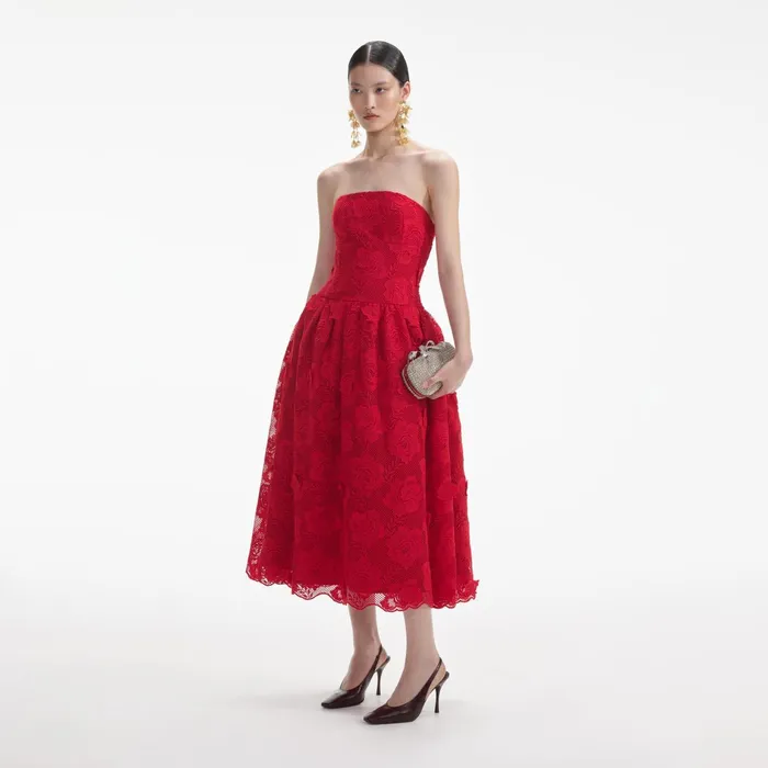 Dresses Women Self Portrait Red Bandeau Lace Midi Dress