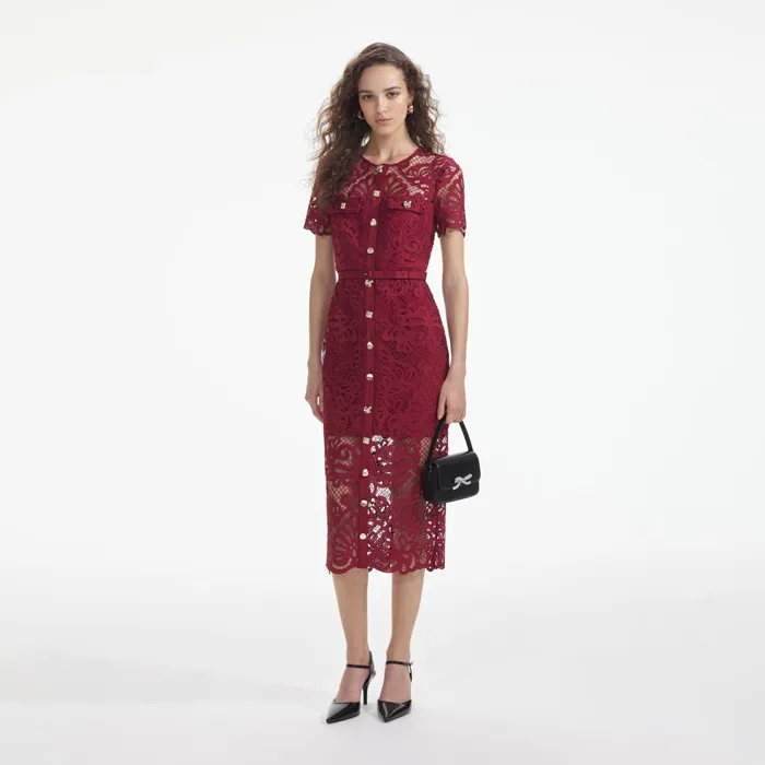 Dresses Women Self Portrait Red Guipure Lace Button Midi Dress