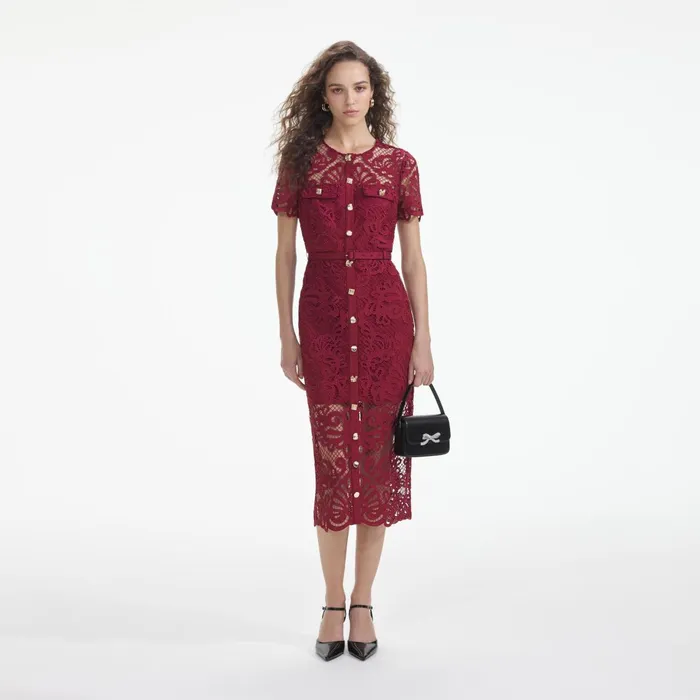 Dresses Women Self Portrait Red Guipure Lace Button Midi Dress