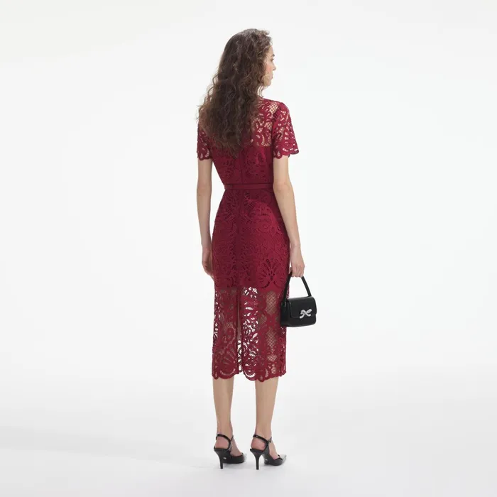 Dresses Women Self Portrait Red Guipure Lace Button Midi Dress