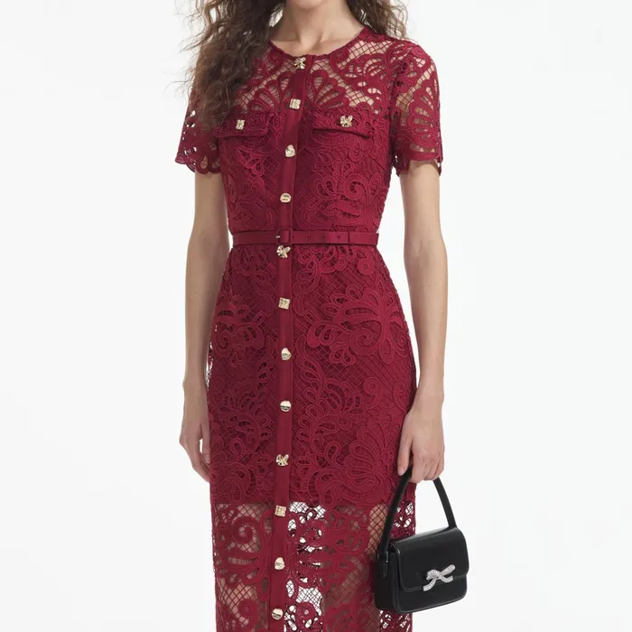 Dresses Women Self Portrait Red Guipure Lace Button Midi Dress