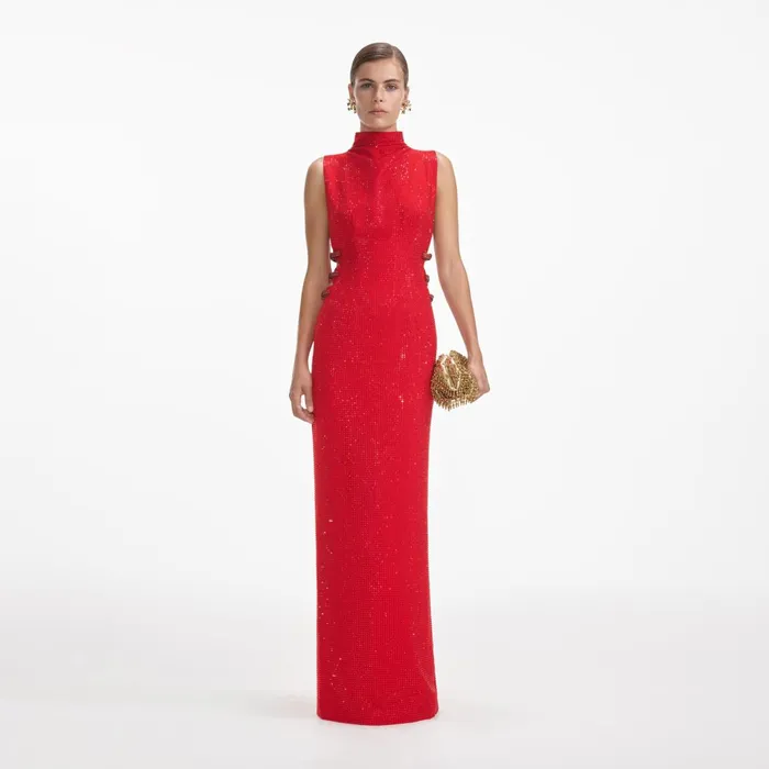 Dresses Women Self Portrait Red Rhinestone Crepe Maxi Dress