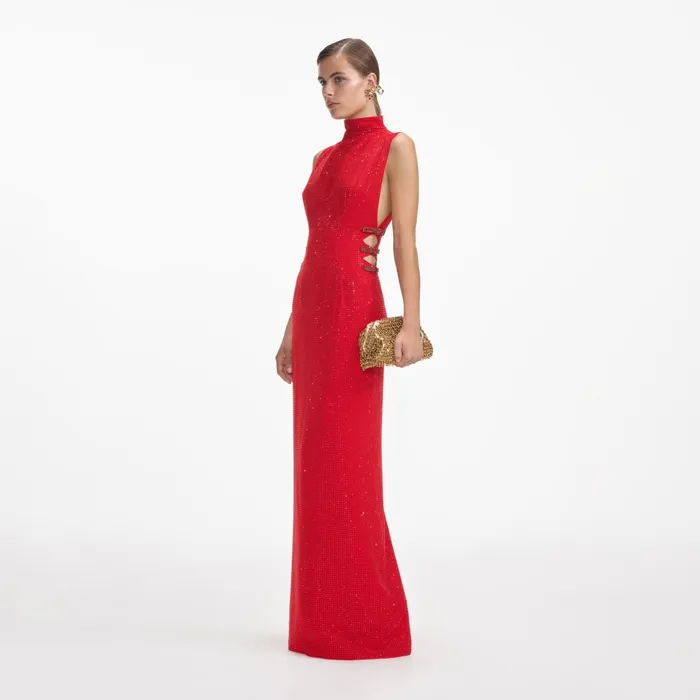 Dresses Women Self Portrait Red Rhinestone Crepe Maxi Dress