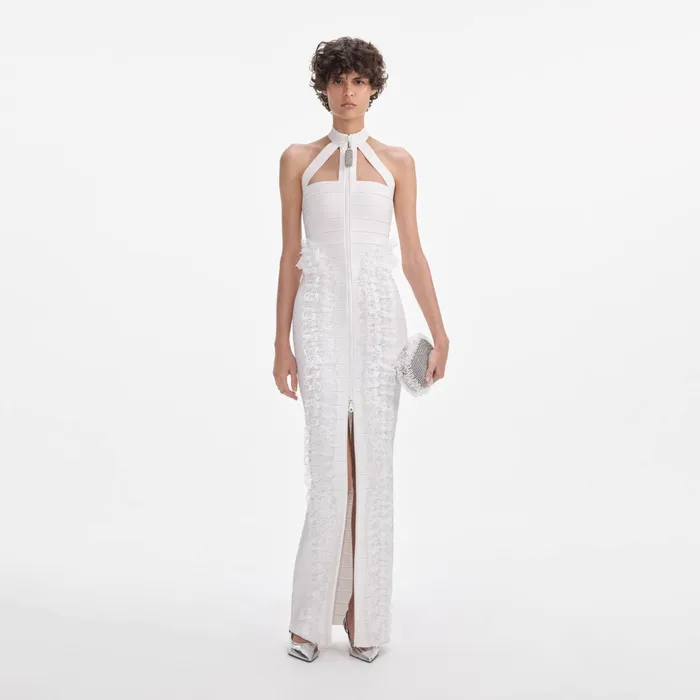 Dresses Women Self Portrait White Knit Zip Ruffle Maxi Dress White