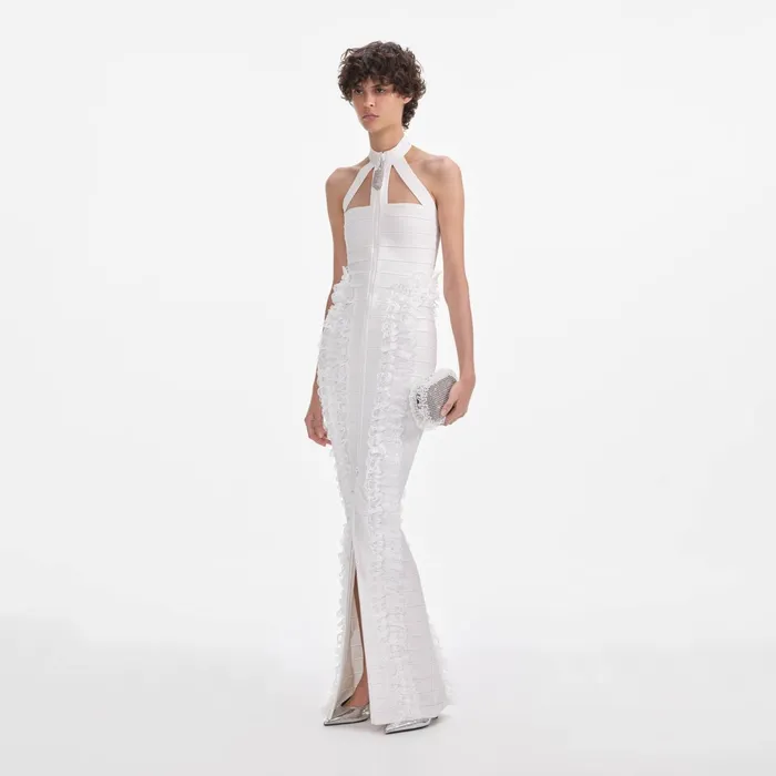 Dresses Women Self Portrait White Knit Zip Ruffle Maxi Dress White