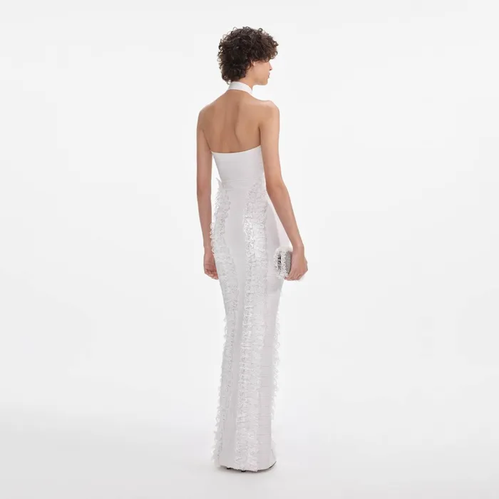Dresses Women Self Portrait White Knit Zip Ruffle Maxi Dress White