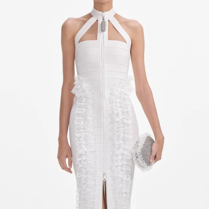 Dresses Women Self Portrait White Knit Zip Ruffle Maxi Dress White