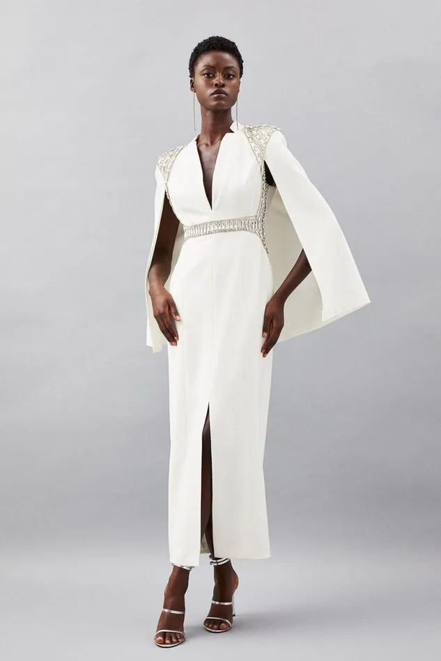 Embellished Caddy Plunge Cape Sleeve Woven Midi Dress Ivory Women Karen Millen Dresses